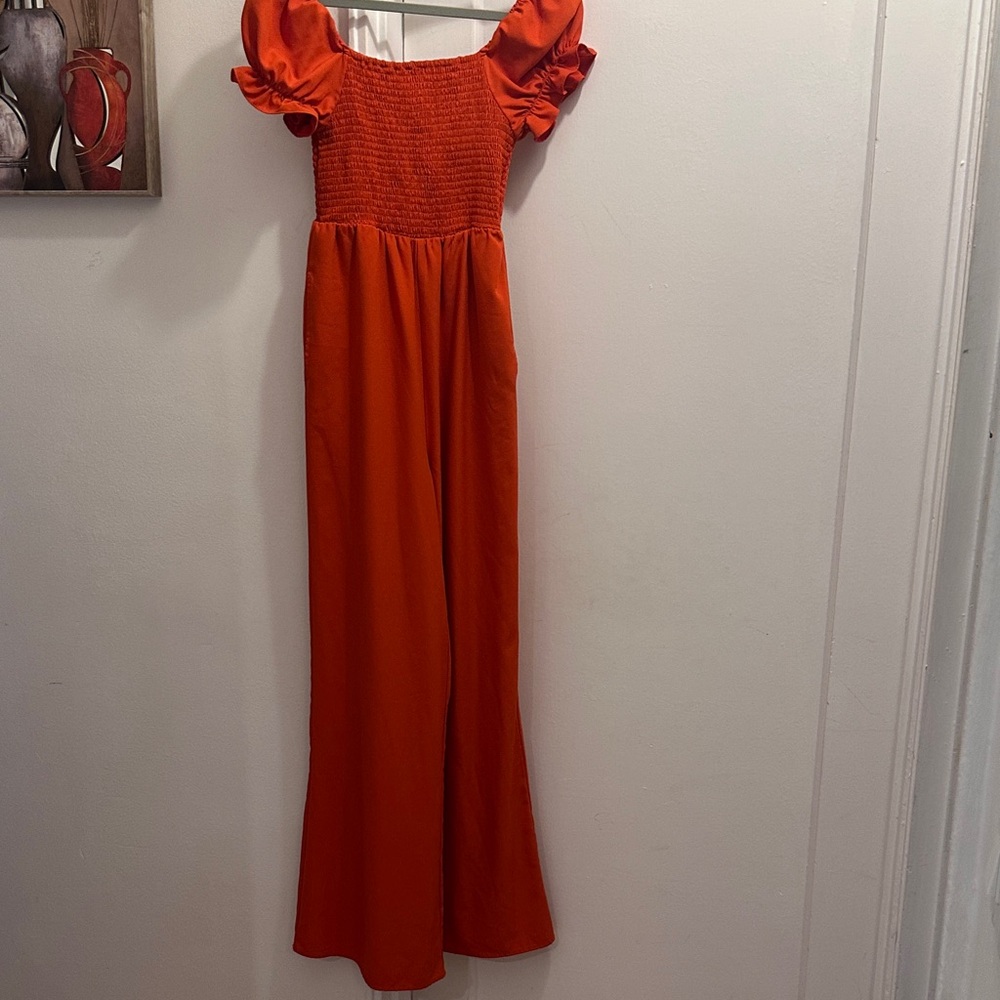 MELLODAY Bold Orange Puff Sleeve Jumpsuit - Preloved